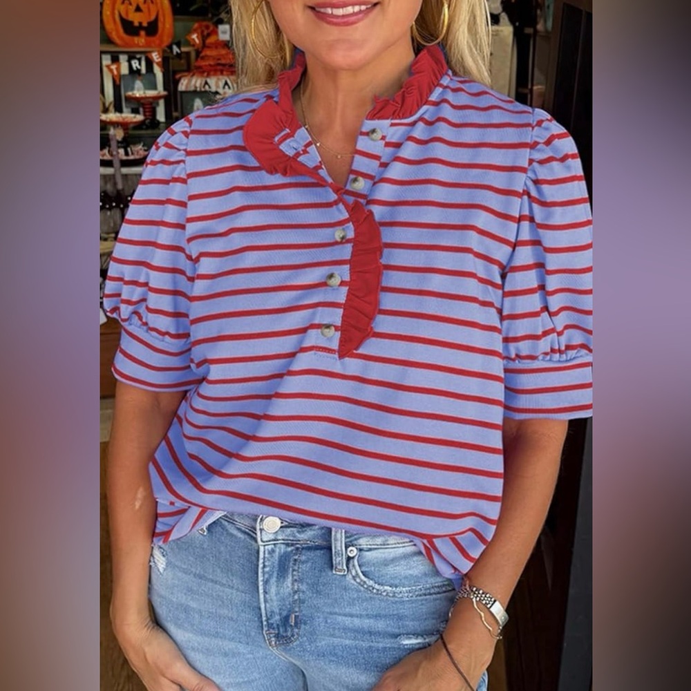 Striped Button-Up Ruffle Top - Picture 2 of 3
